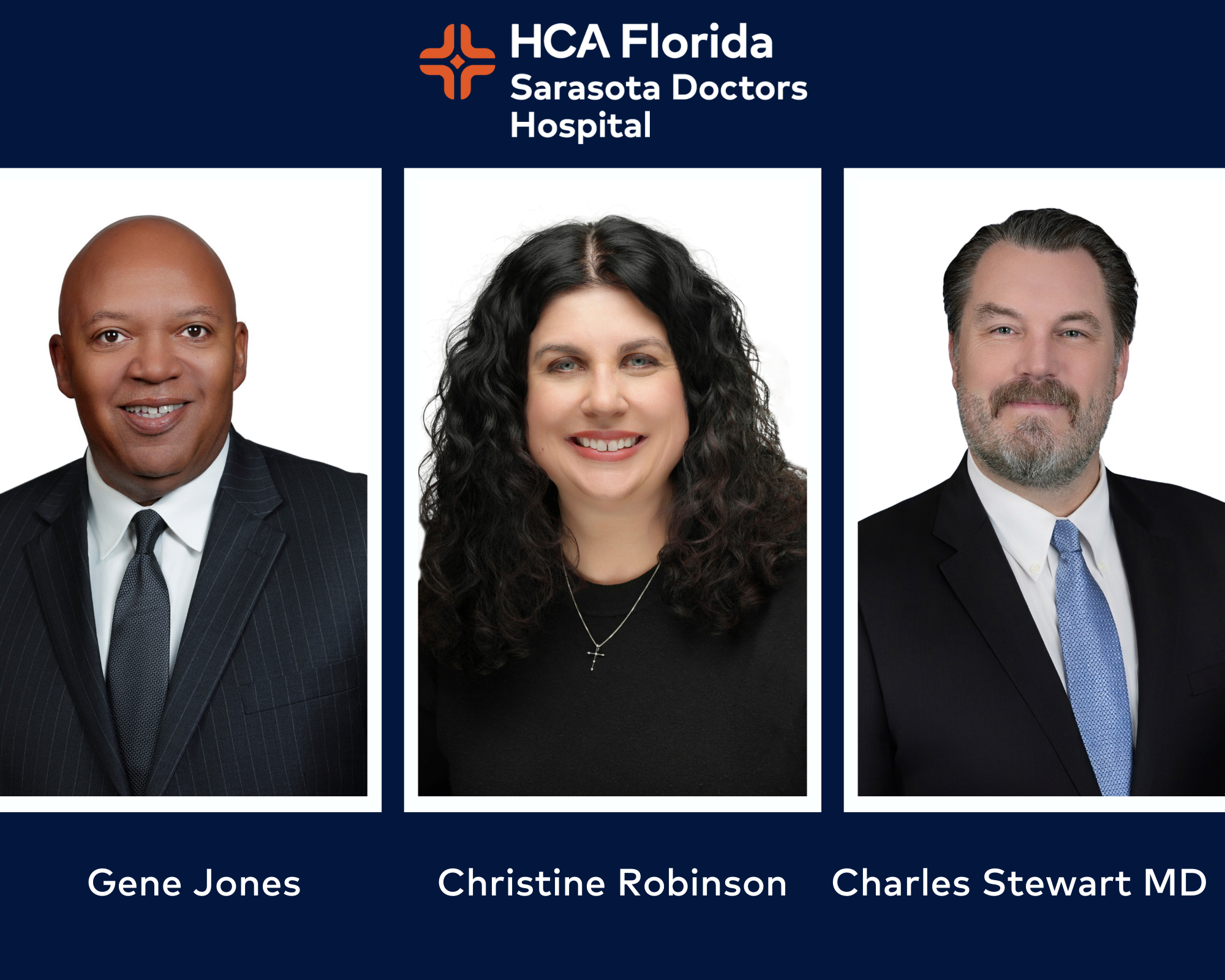 Photo of three board members: Gene Jones, Christine Robinson, Charles Stewart MD.