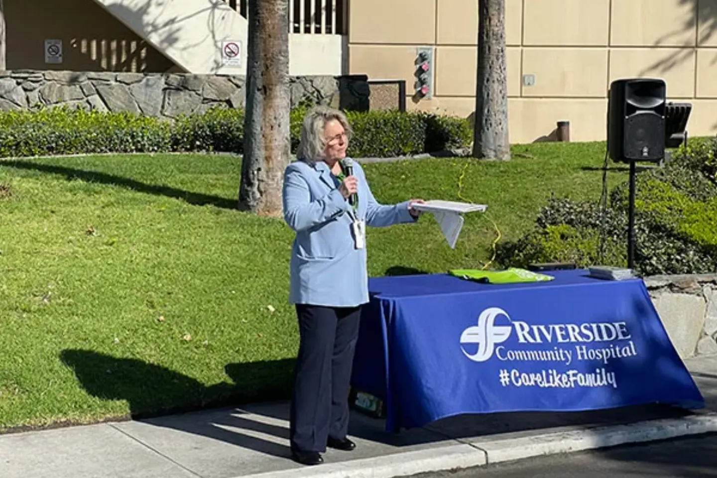 Annette Greenwood, CNO at Riverside Community Hospital, emcees the event and speaks.