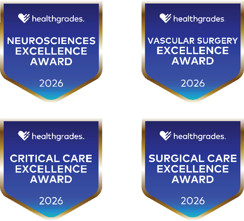 2026 Healthgrades award seals, "Neurosciences Excellence Award", "Critical Care Excellence Award", "Surgical Care Excellence Award", "Vascular Surgery Excellence Award".