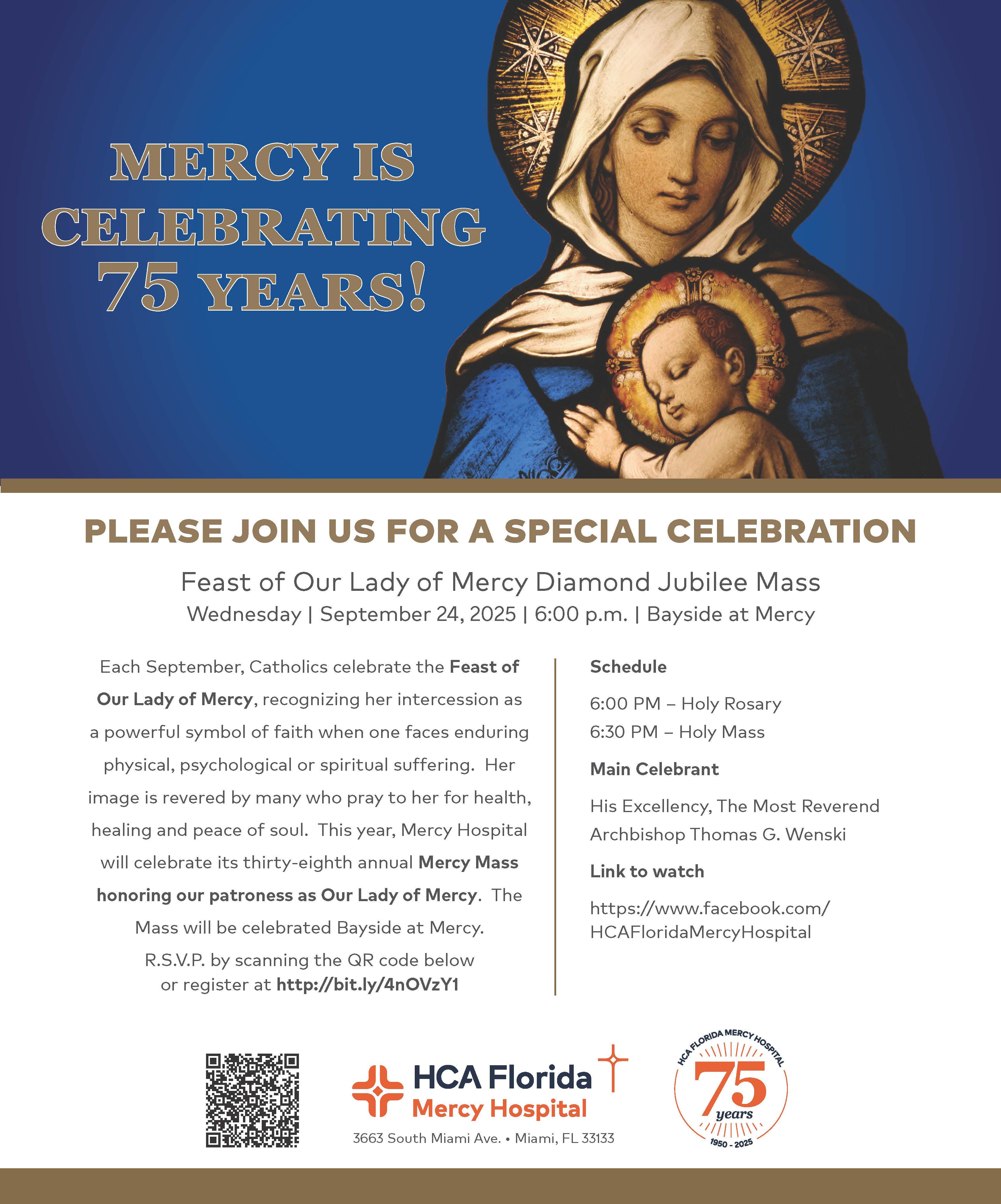 HCA Florida Mercy Hospital Invites Community to 75th Anniversary Mercy Mass.