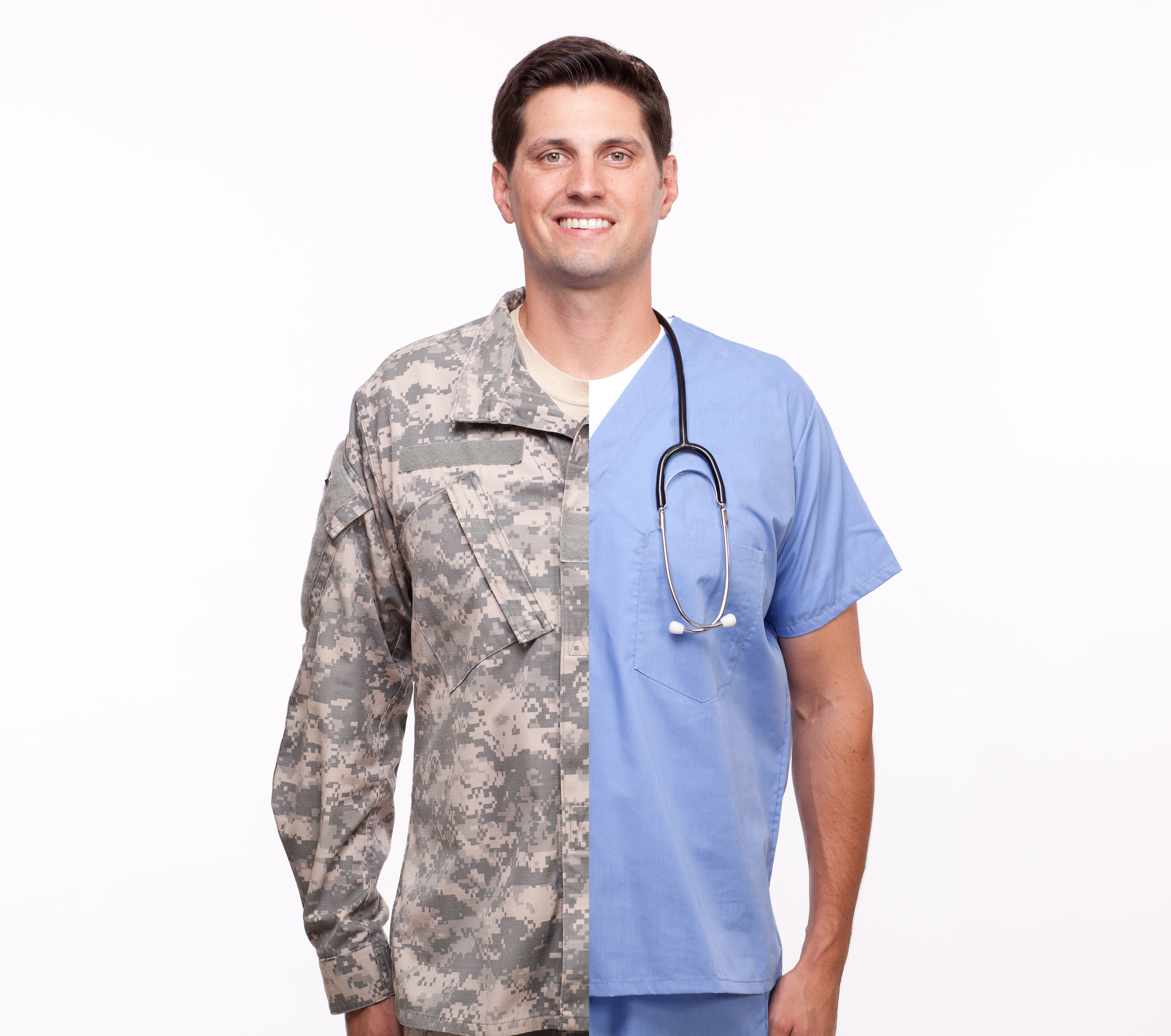 A man wearing a nurse's scrubs on half of his body and a soldier's uniform on the other.