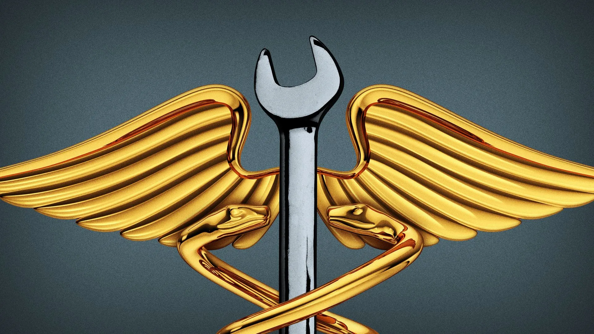 An emblem representing a wrench with angel wings and serpents encircling it.