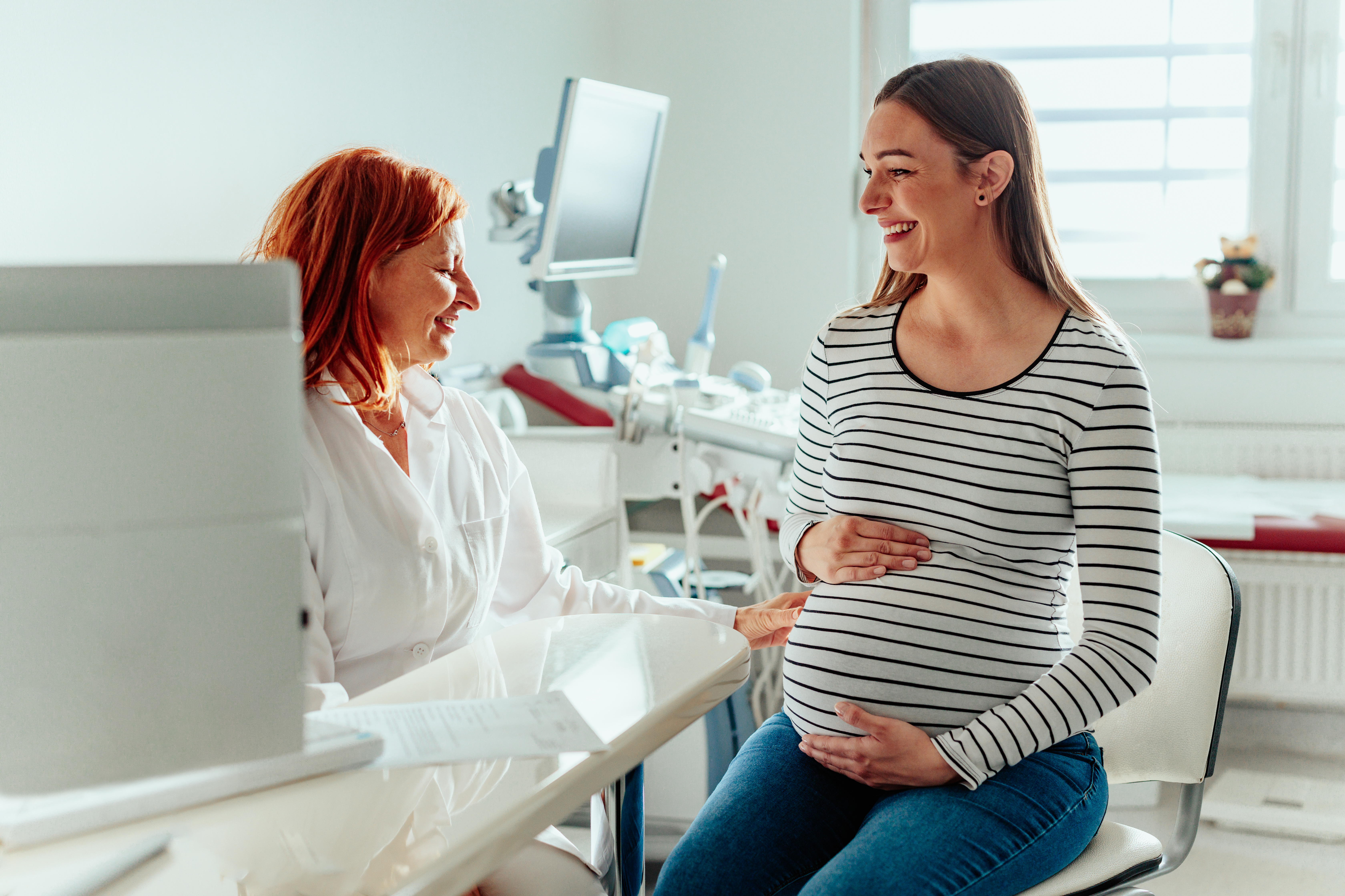 Female doctor talking with pregnant woman in office