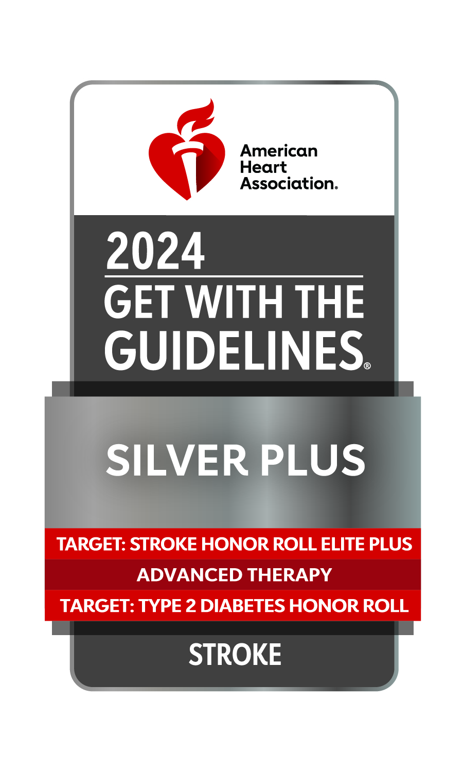 Award logo: 2024 Get With The Guidelines Silver Plus - Target: Stroke Honor Roll Elite Plus, Target: Type 2 Diabetes Honor Roll - Advanced Therapy - Stroke
