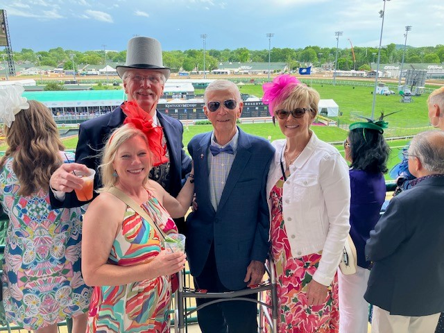 left to right: son Eric and wife Lisa Kellmann, Jack Kellmann, and daughter Julie Kellmann attending the Derby. The other photo is Jack Kellmann ringing the bell at Methodist Hospital Stone Oak Rehabilitation Center
