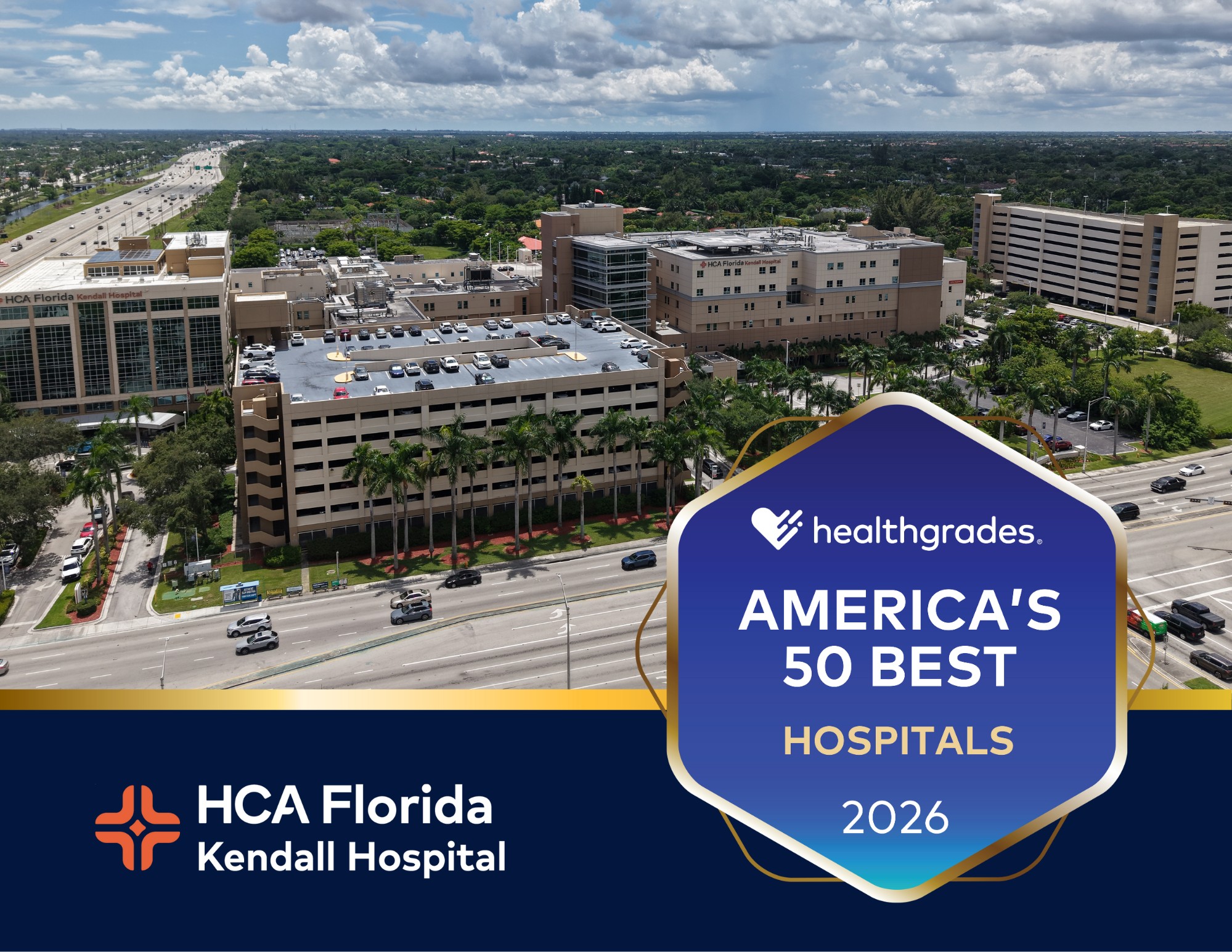 2026 America's 50 Best Hospitals Healthgrades award over HCA Florida Kendall Hospital exterior