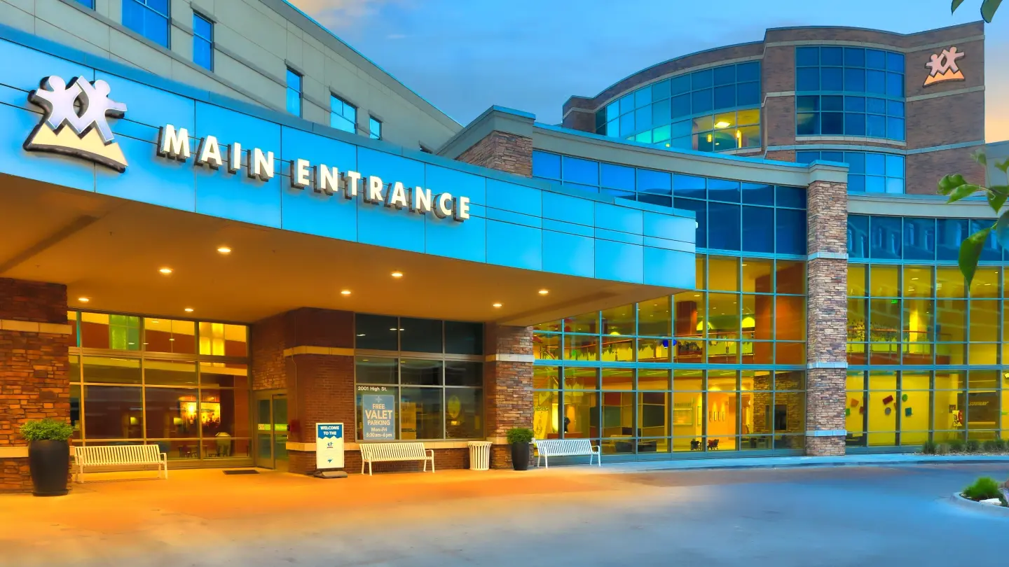 Exterior view of the main entrance to Rocky Mountain Hospital for Children