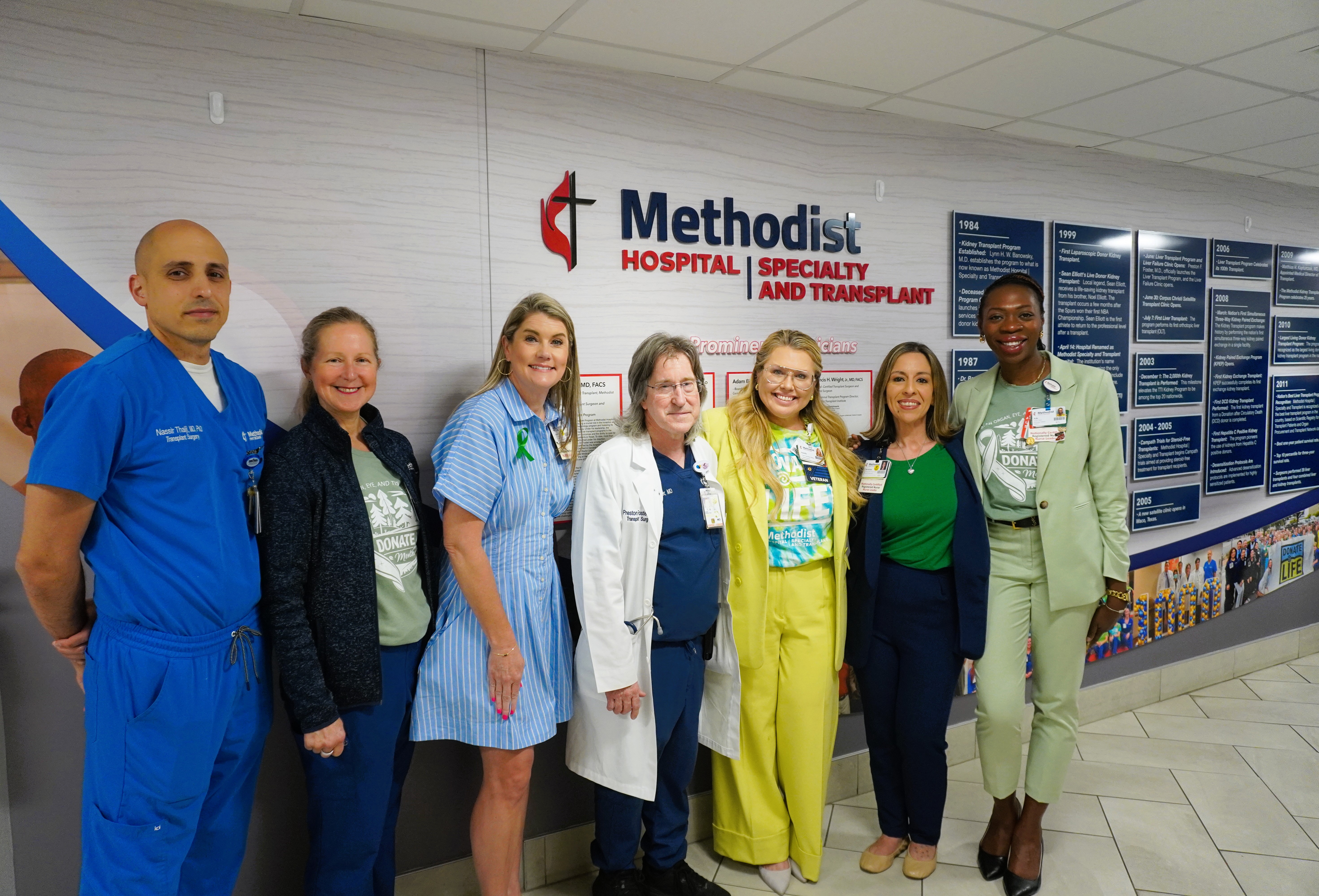 Photo showing of a group of people (Methodist Healthcare team members) posing for a photo, in front of the new history wall.
