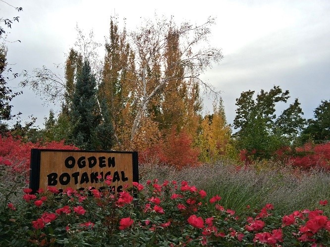 A sign reading 'Ogden Botanical Gardens' behind a row of pink flowers.