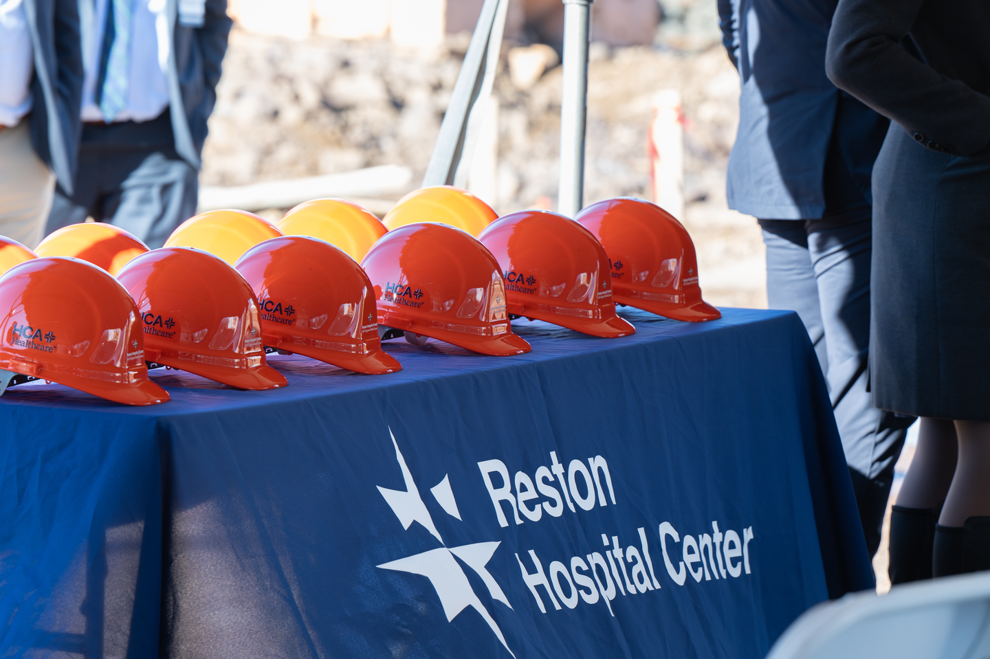 Reston Hospital/HCA Healthcare Hard hats ready for groundbreaking event.