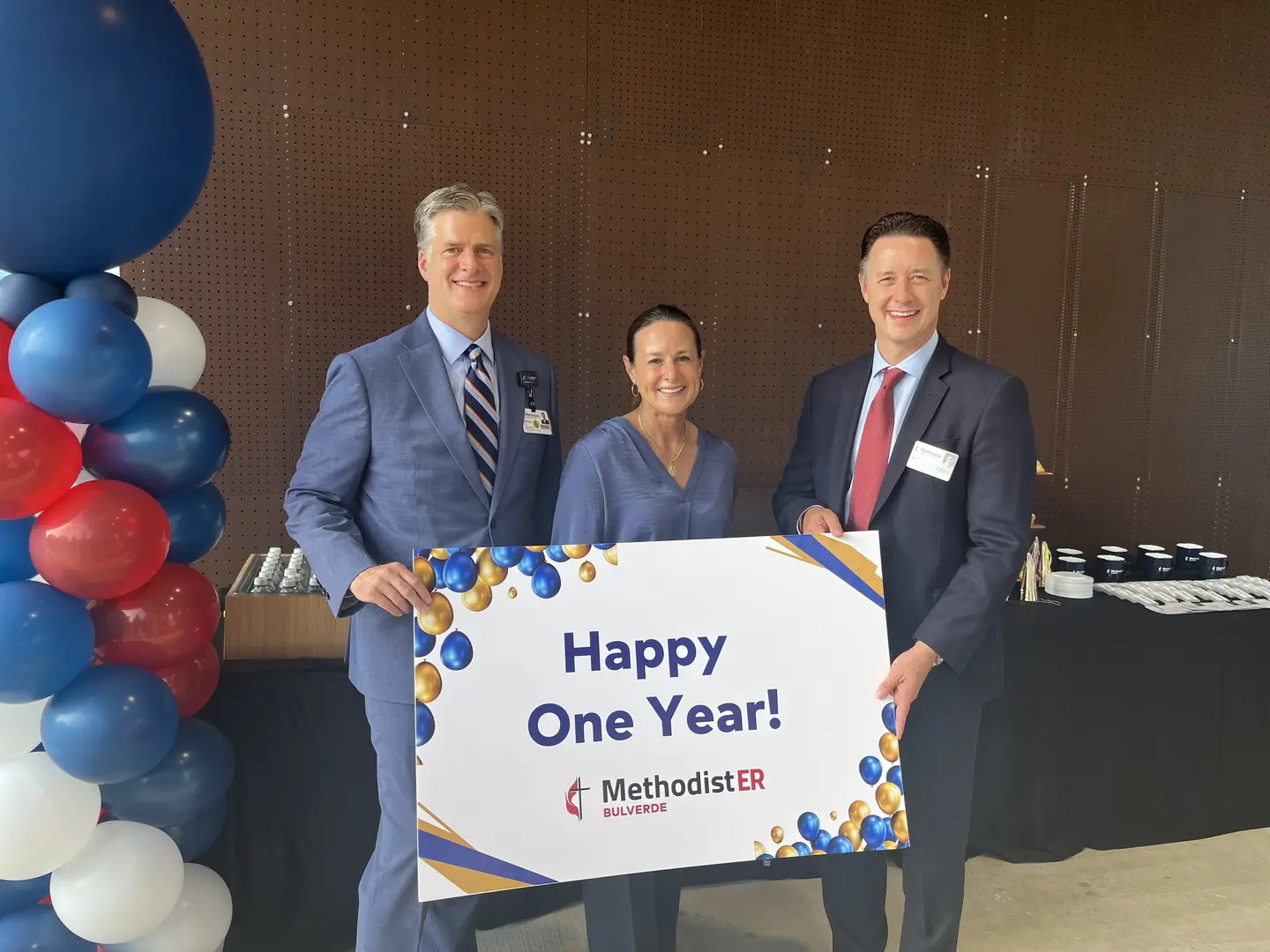 Methodist Hospital Stone Oak's CEO, Michael Beaver, Bulverde Mayor Helen Hays, and Methodist Healthcare's President and CEO, Dan Miller celebrating the one-year anniversary at Methodist ER Bulverde.
