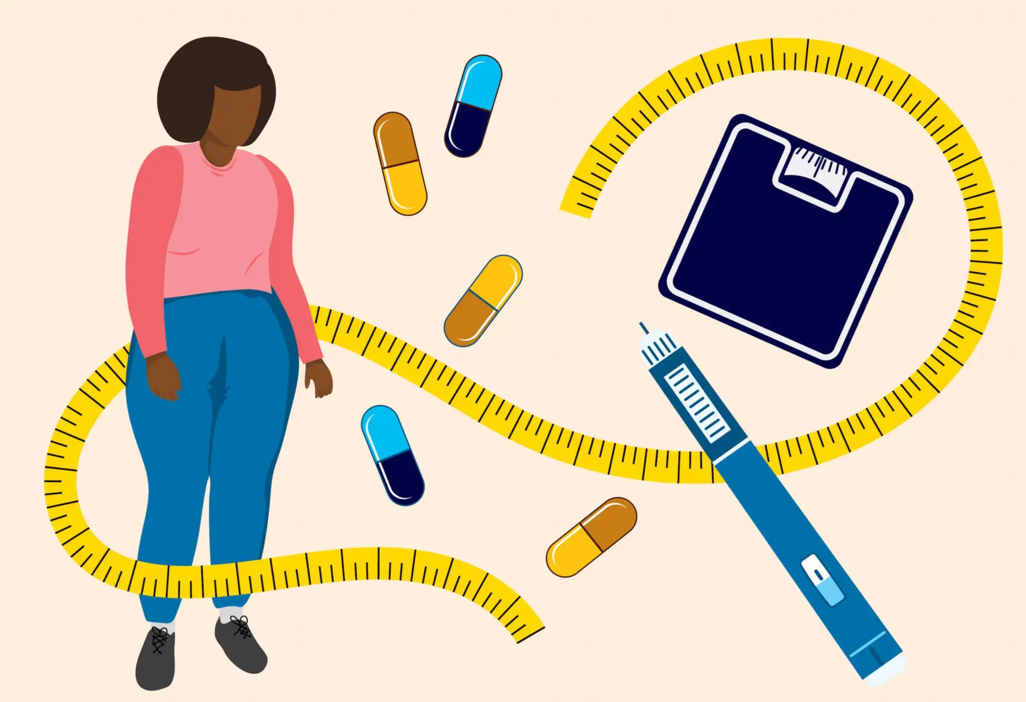 A graphic of a woman with pills, a scale, an EpiPen, and a tape measure.