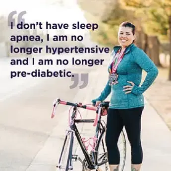 Elena smiling next to a bicycle. Onscreen text reads "I don't have sleep apnea, I am no longer hypertensive and I am no longer pre-diabetic."