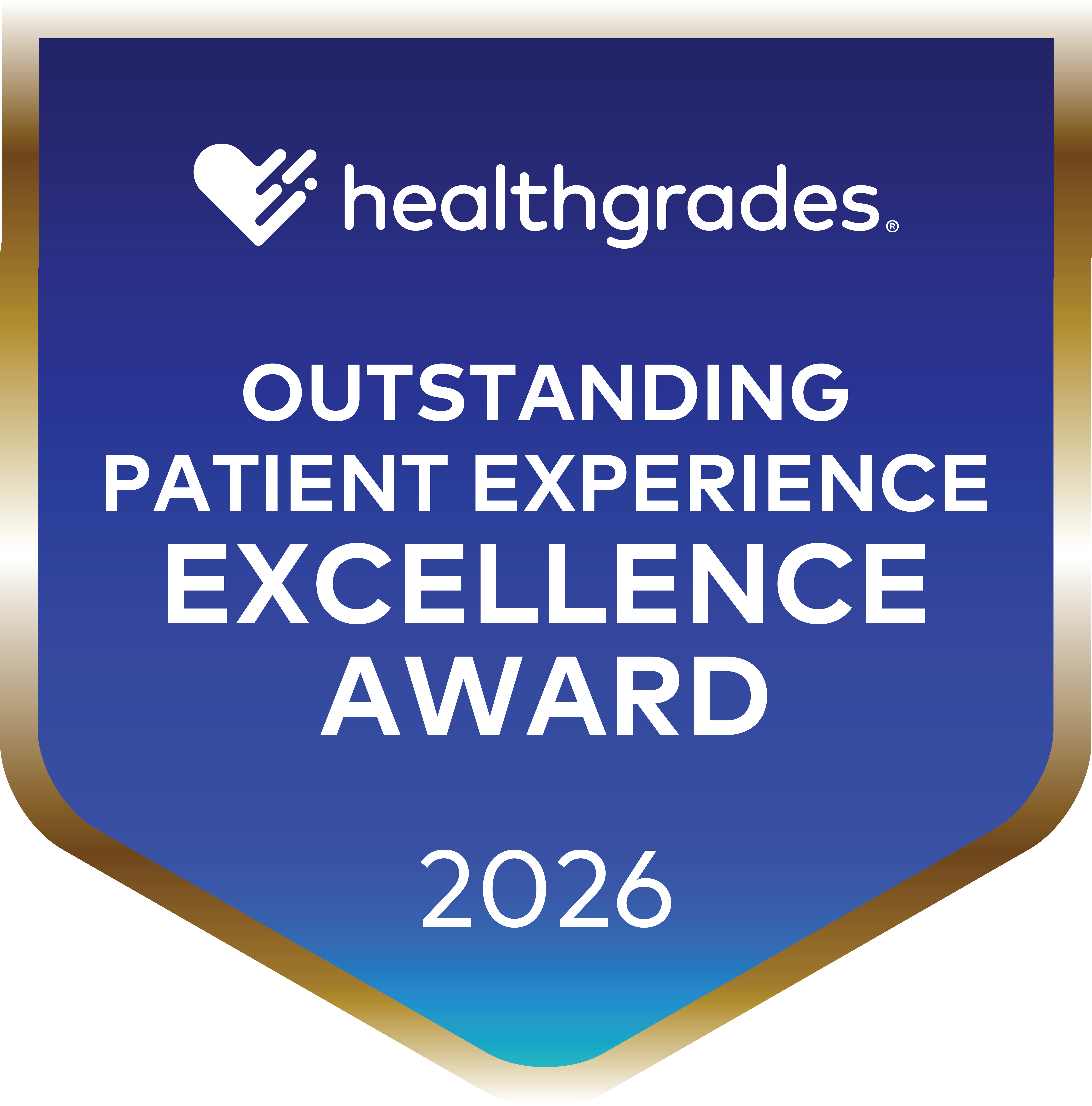 Blue Seal that reads Healthgrades Outstanding Patient Experience Excellence Award 2026.