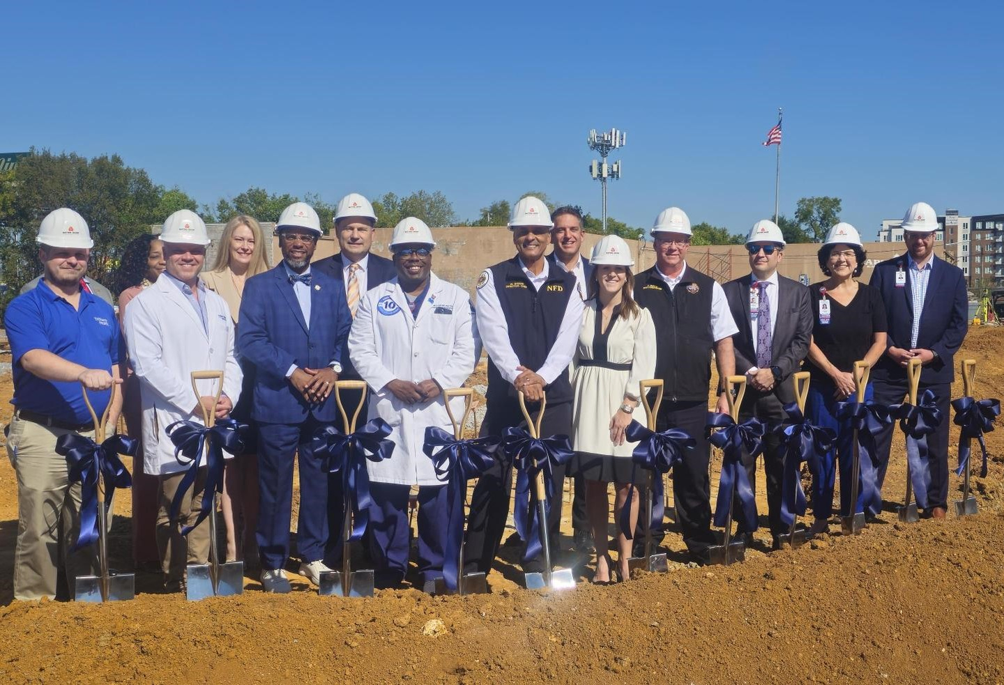 Pictured are leadership from TriStar Skyline and TriStar Health, along with physicians and dignitaries, shoveling dirt at the groundbreaking for TriStar East Nashville ER.