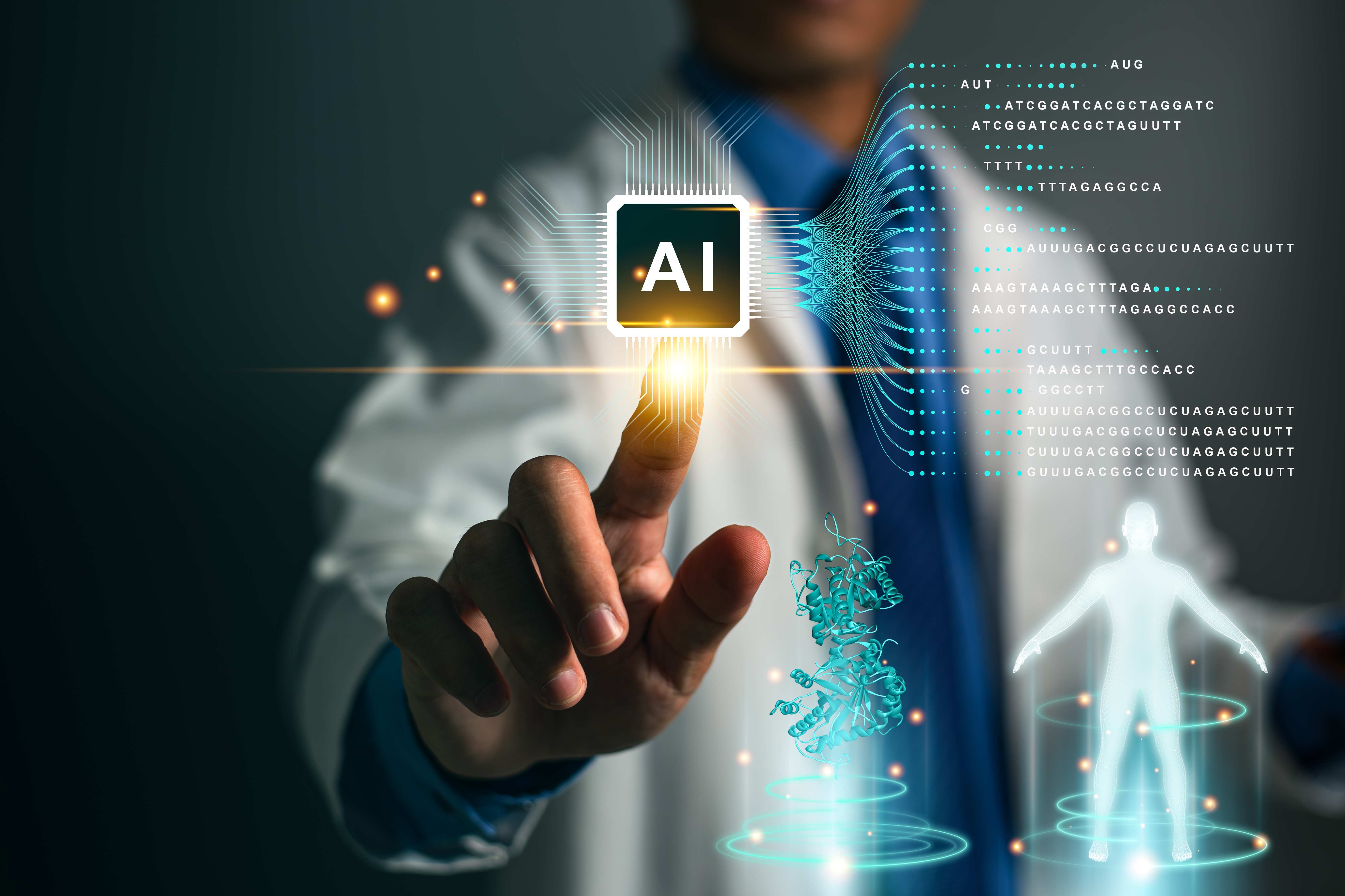 A doctor's finger pressing onto an illustration that resembles a microchip, which reads 'AI' and is surrounded by renderings of genetic code, DNA, and a man with arms outstretched at his sides.