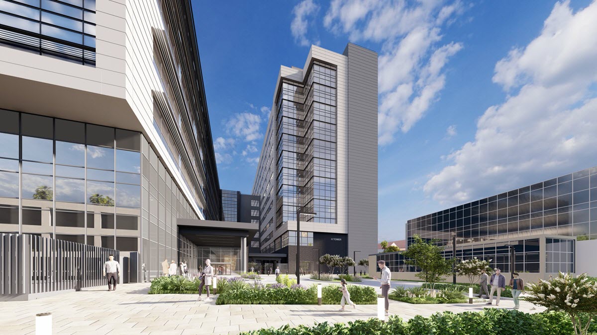 Rendering of exterior Patient Tower view to tower at main entry
