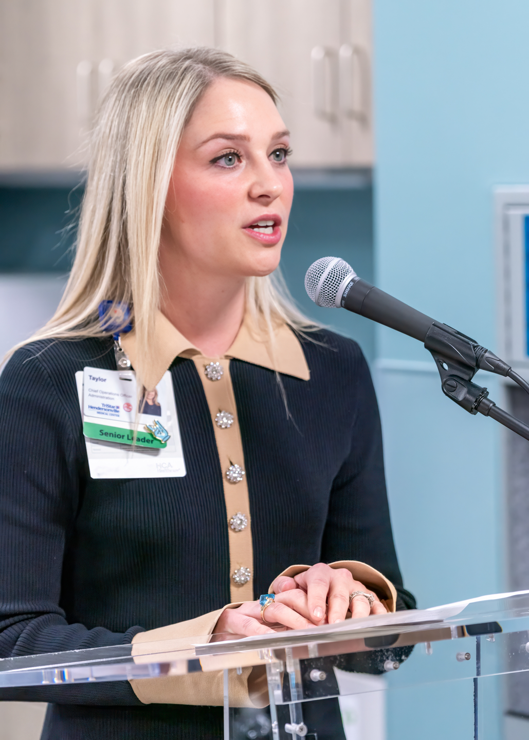Taylor Sawyer, COO at TriStar Hendersonville, speaking at the ribbon cutting of the new cardiovascular unit.